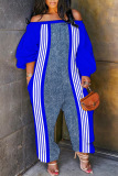 Blue Contrast Striped Print Off Shoulder Long Lantern Sleeve Loose Overall Jumpsuits