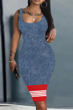 Red Casual Contrast Stripe Hem U Neck Bodycorn Midi Vest Dresses