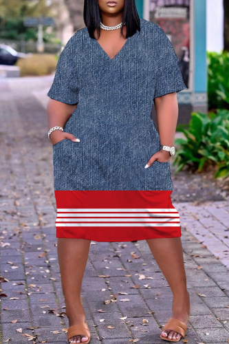 Blue Stripe Print V Neck Short Sleeve Short Sleeve Pocket Casual Loose Midi T-shirt Dress
