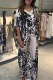 White Black Plant Printed Contrast V Neck Short Batwing Sleeve Tops amd Straight Leg Pants Vacation Two Piece Trouser Sets