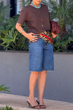 Blue Casual High Waist Straight Loose Fifth Denim Shorts (There Is No Leopard Print Patchwork)