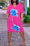 Rose Red Floral Print V Neck Short Sleeve with Pocket Loose Plus Size Casual Outing Midi T-shirt Dress