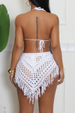 Black Sleeveless Tie-back Halter Bikini Tops and Fringed Trim Mini Skirts Crocheted Vacation Two Piece Dress Sets