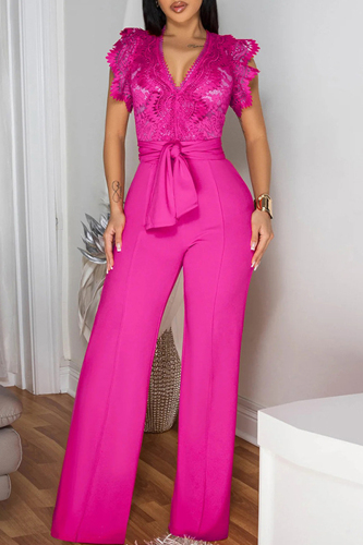 Yellow Lace See-Through V Neck Flutter Sleeve Belted Bodycorn Straight Leg Party Club Wear Jumpsuits