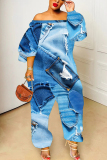 Dark Blue Casual Faux Denim Print  Off Shoulder Long Lantern Sleeve Loose Plus Size Overall Jumpsuits