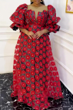 Pink Organza Embroidery V Neck Half Lantern Sleeve A-line Waisted Party Wear Evening Plus Size Maxi African Dresses