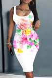 White Casual Floral Print U Neck Sleeveless Bodycon Midi Vest Dresses