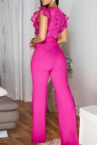 Yellow Lace See-Through V Neck Flutter Sleeve Belted Bodycorn Straight Leg Party Club Wear Jumpsuits