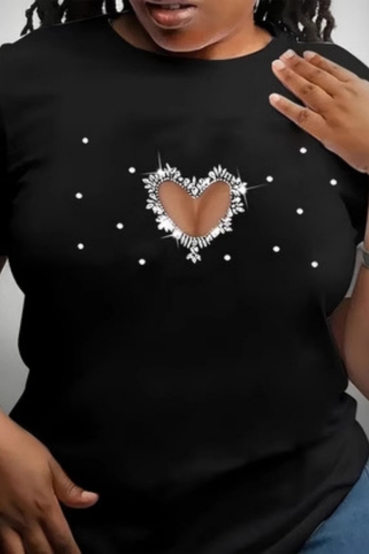 Black Casual Heart Print O Neck Short Sleeve Plus Size T-shirts Tops