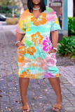 Multicolor Floral Print V Neck Short Sleeve with Pocket Loose Plus Size Casual Outing Midi T-shirt Dress