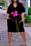 Rose Red Floral Print V Neck Short Sleeve with Pocket Loose Plus Size Casual Outing Midi T-shirt Dress
