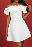 White 3D Flowers Decor Off Shoulder Short Sleeve A Line Fitted Party Club Wear Evening Short Dresses