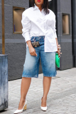 Blue Casual Solid Color Mid Waist Straight Loose Fifth Denim Shorts