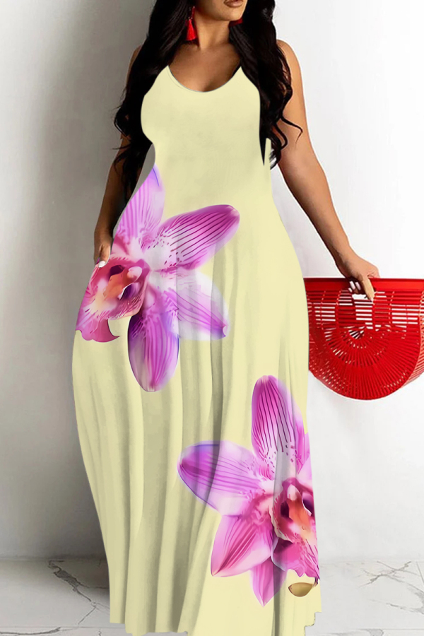 White Floral Print Sleeveless Backless Fitted Casual Vacation Maxi Slip Dresses