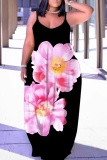 Orange Floral Print Sleeveless Backless Loose Casual Vacation Maxi Slip Dresses