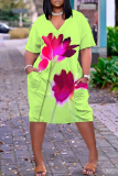 Rose Red Floral Print V Neck Short Sleeve with Pocket Loose Plus Size Casual Outing Midi T-shirt Dress