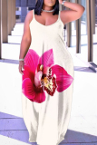 Orange Floral Print Sleeveless Backless Loose Casual Vacation Maxi Slip Dresses