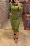Army Green Turndown Collar Long Ruched Sleeve With Belt Pocket Bodycorn Casual Outing Long Cago Shirt Dresses