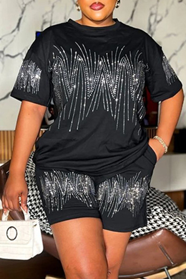 Black Hot Drill Round Neck Short Sleeve t-shirt and Shorts Casual Outing Two Piece Short Sets