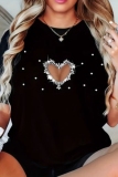 Black Casual Heart Print O Neck Short Sleeve Plus Size T-shirts Tops