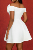 White 3D Flowers Decor Off Shoulder Short Sleeve A Line Fitted Party Club Wear Evening Short Dresses