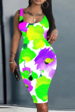 Black Casual Floral Print U Neck Sleeveless Bodycon Midi Vest Dresses
