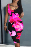 White Casual Floral Print U Neck Sleeveless Bodycon Midi Vest Dresses