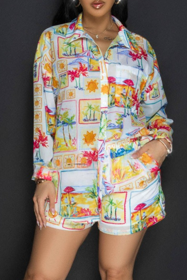 White Beach Print Turndown Collar Long Sleeev Shirt and Shorts with Pocket Loose Casual Vacation Two Piece Short Sets