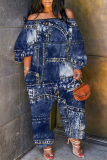 Denim Blue Casual Faux Denim Print Off Shoulder Long Lantern Sleeve Loose Plus Size Overall Jumpsuits