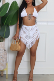 Black Sleeveless Tie-back Halter Bikini Tops and Fringed Trim Mini Skirts Crocheted Vacation Two Piece Dress Sets