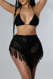 Black Sleeveless Tie-back Halter Bikini Tops and Fringed Trim Mini Skirts Crocheted Vacation Two Piece Dress Sets
