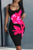 Wine Red Casual Floral Print U Neck Sleeveless Bodycon Midi Vest Dresses