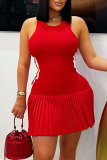 Red Striped Side O Neck Sleeveless Fitted Casual Outing Pleated Mini Dresses