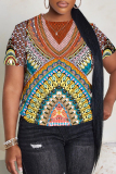 Multicolor Casual African Floral Print Round Neck Short Sleeve Plus Size T-Shirts Tops