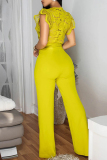 Yellow Lace See-Through V Neck Flutter Sleeve Belted Bodycorn Straight Leg Party Club Wear Jumpsuits