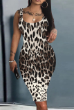 Brown Casual Plaid Floral Leopard Print U Neck Sleeveless Bodycon Midi Vest Dresses