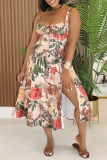 Multicolor Floral Print Square Neck Sleeveless Backless Tie-front high Slit Fitted Vacation Long Slip Dresses
