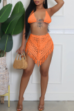 Black Sleeveless Tie-back Halter Bikini Tops and Fringed Trim Mini Skirts Crocheted Vacation Two Piece Dress Sets