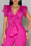 Yellow Lace See-Through V Neck Flutter Sleeve Belted Bodycorn Straight Leg Party Club Wear Jumpsuits