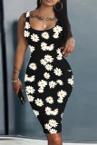 Brown Casual Plaid Floral Leopard Print U Neck Sleeveless Bodycon Midi Vest Dresses