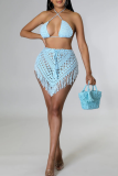 Black Sleeveless Tie-back Halter Bikini Tops and Fringed Trim Mini Skirts Crocheted Vacation Two Piece Dress Sets