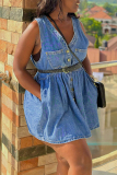 Blue V Neck Sleeveless with Pocket Buttons Casual Outing Loose Denim Vest Mini Dresses (Without Belt)