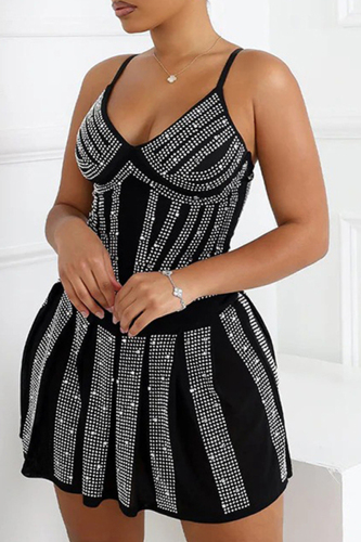 Black Hot Drilling Sleeveless Backless V Neck A-line Fitted Party Club Wear Mini Slip Dresses
