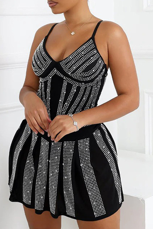 Black Hot Drilling Sleeveless Backless V Neck A-line Fitted Party Club Wear Mini Slip Dresses