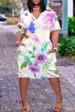 Multicolor Floral Print V Neck Short Sleeve with Pocket Loose Plus Size Casual Outing Midi T-shirt Dress