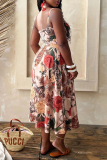 Multicolor Floral Print Square Neck Sleeveless Backless Tie-front high Slit Fitted Vacation Long Slip Dresses