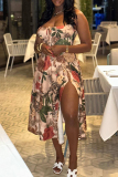Multicolor Floral Print Square Neck Sleeveless Backless Tie-front high Slit Fitted Vacation Long Slip Dresses