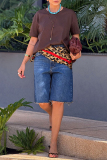 Blue Casual High Waist Straight Loose Fifth Denim Shorts (There Is No Leopard Print Patchwork)