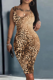 Brown Casual Plaid Floral Leopard Print U Neck Sleeveless Bodycon Midi Vest Dresses