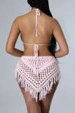 Black Sleeveless Tie-back Halter Bikini Tops and Fringed Trim Mini Skirts Crocheted Vacation Two Piece Dress Sets
